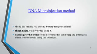 DNA Microinjection method
• Firstly this method was used to prepare transgenic animal.
• Super mouse was developed using it.
• Human growth hormone was incorporated in the mouse and a transgenic
animal was developed using this technique.
9
 