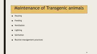 Maintenance of Transgenic animals
■ Housing
■ Feeding
■ Ventilation
■ Lighting
■ Sanitation
■ Routine management practices
20
 