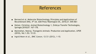 References
■ Bernard et al. Molecular Biotechnology, Principles and Applications of
Recombinant DNA, 4th ed. ASM Press Washington DC, 2010;21: 845-861
■ Heiner, Christine, Animal Biotechnology 1, Embryo Transfer Technologies,
Springer,2018;07: 167-178.
■ Manmohan, Neeraj, Transgenic Animals: Production and Application, IJPSR
(2010), Vol.1 (9): 12-22.
■ Ingrid Moen et al., BMC Cancer, 12/21 (2012), 1-10.
27
 