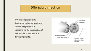 DNA Microinjection
 DNA microinjection is the
dominating technique leading to
random integration of a
transgene via the introduction of
DNA into the pronucleus of a
developing zygote.
8
 