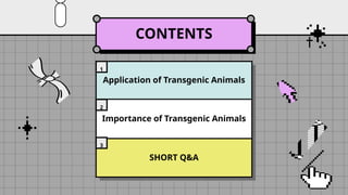 CONTENTS
Application of Transgenic Animals
Importance of Transgenic Animals
SHORT Q&A
1
2
3
 