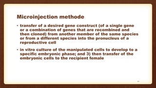 Microinjection methode
• transfer of a desired gene construct (of a single gene
or a combination of genes that are recombined and
then cloned) from another member of the same species
or from a different species into the pronucleus of a
reproductive cell
• in vitro culture of the manipulated cells to develop to a
specific embryonic phase; and 3) then transfer of the
embryonic cells to the recipient female
20
 