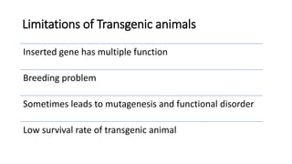 Limitations of Transgenic animals
Inserted gene has multiple function
Breeding problem
Sometimes leads to mutagenesis and functional disorder
Low survival rate of transgenic animal
 
