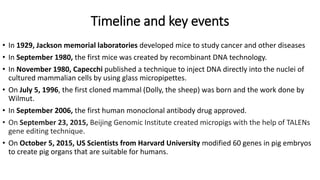 Timeline and key events
• In 1929, Jackson memorial laboratories developed mice to study cancer and other diseases
• In September 1980, the first mice was created by recombinant DNA technology.
• In November 1980, Capecchi published a technique to inject DNA directly into the nuclei of
cultured mammalian cells by using glass micropipettes.
• On July 5, 1996, the first cloned mammal (Dolly, the sheep) was born and the work done by
Wilmut.
• In September 2006, the first human monoclonal antibody drug approved.
• On September 23, 2015, Beijing Genomic Institute created micropigs with the help of TALENs
gene editing technique.
• On October 5, 2015, US Scientists from Harvard University modified 60 genes in pig embryos
to create pig organs that are suitable for humans.
 