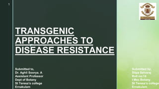 ◤
TRANSGENIC
APPROACHES TO
DISEASE RESISTANCE
Submitted to,
Dr. Aghil Soorya. A
Assistant Professor
Dept of Botany
St Teresa’s college
Ernakulam
Submitted by,
Silpa Selvaraj
Roll no:14
I Msc Botany
St Teresa’s college
Ernakulam
1
 