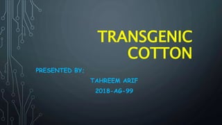 TRANSGENIC
COTTON
PRESENTED BY;
TAHREEM ARIF
2018-AG-99
 