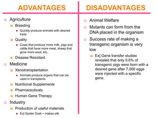 ADVANTAGES                               DISADVANTAGES
   Agriculture                                         Animal Welfare
       Breeding                                        Mutants can form from the
           Quickly produce animals with desired
            traits
                                                         DNA placed in the organism
       Quality                                         Success rate of making a
           Cows that produce more milk, pigs and        transgenic organism is very
            cattle that have more meat, sheep that       low
            grow more wool, etc.
       Disease Resistant                                   Ex] Gene transfer studies
                                                             revealed that only 0.6% of
   Medicine                                                 transgenic pigs were born with a
       Xenotransplantation                                  desired gene after 7,000 eggs
           Animals produce organs that can be               were injected with a specific
            used in transplants                              gene.
       Nutritional Supplements
       Pharmaceuticals
       Human Gene Therapy
   Industry
       Production of useful materials
           Ex] Spider Goat ~ makes silk
 