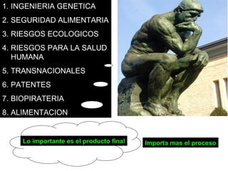 INGENIERIA GENETICA SEGURIDAD ALIMENTARIA RIESGOS ECOLOGICOS RIESGOS PARA LA SALUD HUMANA TRANSNACIONALES  PATENTES BIOPIRATERIA ALIMENTACION Lo importante es el producto final Importa mas el proceso 