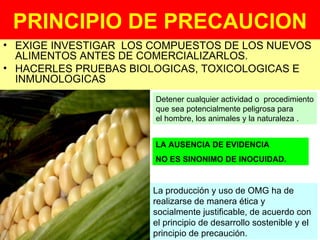 PRINCIPIO DE PRECAUCION EXIGE INVESTIGAR  LOS COMPUESTOS DE LOS NUEVOS ALIMENTOS ANTES DE COMERCIALIZARLOS. HACERLES PRUEBAS BIOLOGICAS, TOXICOLOGICAS E INMUNOLOGICAS La producción y uso de OMG ha de realizarse de manera ética y socialmente justificable, de acuerdo con el principio de desarrollo sostenible y el principio de precaución. Detener cualquier actividad o  procedimiento que sea potencialmente peligrosa para el hombre, los animales y la naturaleza . LA AUSENCIA DE EVIDENCIA  NO ES SINONIMO DE INOCUIDAD. 