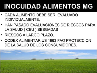 INOCUIDAD ALIMENTOS MG CADA ALIMENTO DEBE SER  EVALUADO  INDIVIDUALMENTE. HAN PASADO EVALUACIONES DE RIESGOS PARA LA SALUD ( CEU ) SESGADAS RIESGOS A LARGO PLAZO. CODEX ALIMENTARIUS 1963 FAO PROTECCION DE LA SALUD DE LOS CONSUMIDORES. 