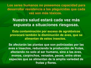 Los seres humanos no poseemos capacidad para desarrollar resistencia a los plaguicidas que cada vez son más tóxicos.   Nuestra salud estará cada vez más expuesta a situaciones riesgosas. Esta contaminación por exceso de agrotóxicos provocará también la disminución de aves, que se alimentan de estos insectos.   Se afectarán las plantas que son polinizadas por las aves e insectos, reduciendo la producción de frutas, afectando no solo al ser humano, sino a las aves, monos, carpinchos, venados, peces, entre otras especies que se alimentan de la amplia variedad de frutas y flores. 