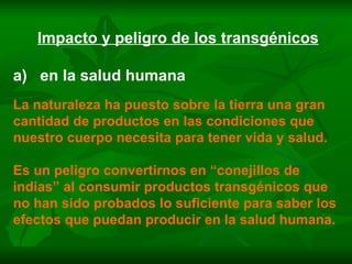 Impacto y peligro de los transgénicos a)  en la salud humana La naturaleza ha puesto sobre la tierra una gran cantidad de productos en las condiciones que nuestro cuerpo necesita para tener vida y salud. Es un peligro convertirnos en “conejillos de indias” al consumir productos transgénicos que no han sido probados lo suficiente para saber los efectos que puedan producir en la salud humana. 