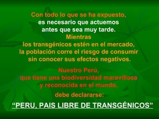 Con todo lo que se ha expuesto,   es necesario que actuemos  antes que sea muy tarde.  Mientras  los transgénicos estén en el mercado,  la población corre el riesgo de consumir  sin conocer sus efectos negativos. Nuestro Perú,  que tiene una biodiversidad maravillosa  y reconocida en el mundo,   debe declararse: “ PERU, PAIS LIBRE DE TRANSGÉNICOS” 