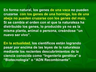 En forma natural, los genes  de una vaca   no pueden cruzarse  con los genes de una hormiga, los de una abeja no pueden cruzarse con los genes del maíz.   Si se cambia el orden con el que la naturaleza ha distribuido los genes, lo producido ya no es la misma planta, animal o persona, creándose “un nuevo ser vivo”.   En la actualidad,   los científicos están logrando pasar por encima de las leyes de la naturaleza mediante los recientes descubrimientos de la ciencia conocida como “Ingeniería genética” o “Biotecnología” o “ADN Recombinante”.  