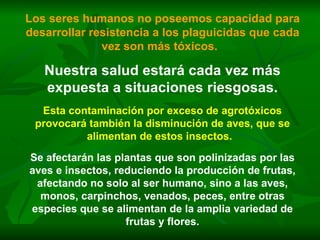 Los seres humanos no poseemos capacidad para desarrollar resistencia a los plaguicidas que cada vez son más tóxicos.   Nuestra salud estará cada vez más expuesta a situaciones riesgosas. Esta contaminación por exceso de agrotóxicos provocará también la disminución de aves, que se alimentan de estos insectos.   Se afectarán las plantas que son polinizadas por las aves e insectos, reduciendo la producción de frutas, afectando no solo al ser humano, sino a las aves, monos, carpinchos, venados, peces, entre otras especies que se alimentan de la amplia variedad de frutas y flores. 