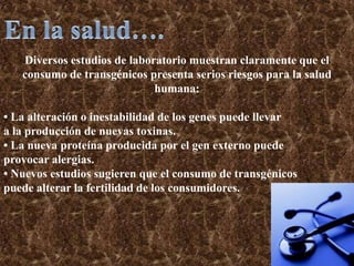 En la biodiversidad…El cultivo de plantas transgénicas implica unuso intensivo de agroquímicos y un modelo estricto demonocultivo que afecta la fertilidad de los suelos y reducede manera irreversible la biodiversidad.