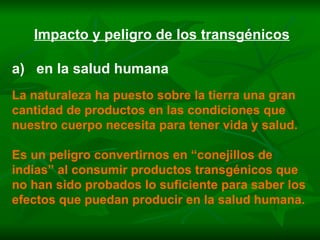 Impacto y peligro de los transgénicos a)  en la salud humana La naturaleza ha puesto sobre la tierra una gran cantidad de productos en las condiciones que nuestro cuerpo necesita para tener vida y salud. Es un peligro convertirnos en “conejillos de indias” al consumir productos transgénicos que no han sido probados lo suficiente para saber los efectos que puedan producir en la salud humana. 