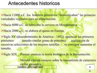 Antecedentes historicos Hacia 11000 a.C. los  hombres primitivos “domesticaban” las primeras variedades vegetales para su alimentación. Hacia 6000 a.C. se fabricaba la cerveza en Mesopotamia. Hacia 2000 a.C. se elabora el queso en Europa. Siglo XV (descubrimiento de América - 1492), aparecen los primeros pimientos   tamaño similar grano de pimienta  realización de sucesivas selecciones de las mejores semillas  se consigue aumentar el tamaño. Siglo XIX Pasteur enuncia la teoría biológica de la fermentación. Mendel efectúa ensayos sobre la transmisión de caracteres en los guisantes. 