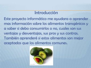 Introducción
Este proyecto informático me ayudara a aprender
mas información sobre los alimentos transgénicos y
a saber si debo consumirlos o no, cuales son sus
ventajas y desventajas, sus pros y sus contras.
También aprenderé si estos alimentos son mejor
aceptados que los alimentos comunes.
 