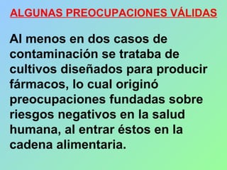 ALGUNAS PREOCUPACIONES VÁLIDAS
Al menos en dos casos de
contaminación se trataba de
cultivos diseñados para producir
fármacos, lo cual originó
preocupaciones fundadas sobre
riesgos negativos en la salud
humana, al entrar éstos en la
cadena alimentaria.
 