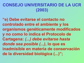 CONSEJO UNIVERSITARIO DE LA UCR
(2003)
“e) Debe evitarse el contacto no
controlado entre el ambiente y los
organismos genéticamente modificados
y no como lo indica el Protocolo de
Cartagena: (...) debe evitarse hasta
donde sea posible (...), lo que es
inadmisible en materia de conservación
de la diversidad biológica (...)”;
 