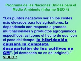 Programa de las Naciones Unidas para el
Medio Ambiente (Informe GEO 4)
“Los puntos negativos serían los costes
más elevados para los agricultores, la
dependencia con respecto a grandes
multinacionales y productos agroquímicos
específicos, así como el hecho de que, con
el paso del tiempo, la hibridación
causará la completa
desaparición de los cultivos no
GM”. (el destacado no es del original).”
VÍDEO 7
 