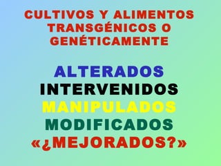 CULTIVOS Y ALIMENTOS
TRANSGÉNICOS O
GENÉTICAMENTE
ALTERADOS
INTERVENIDOS
MANIPULADOS
MODIFICADOS
«¿MEJORADOS?»
 