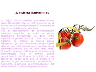 3. Historia transgénicos  La mejora de las especies que serán usadas como alimento ha sido un motivo común en la historia de la Humanidad. Desde los comienzos el hombre ya realizaba una selección. Tras el descubrimiento de la reproducción sexual en vegetales, se realizó el primer cruzamiento intergenérico (es decir, entre especies de géneros distintos) . Unos años más adelante  se produjo la primera planta transgénica, ya que  unos biotecnólogos logran aislar un gen e introducirlo en un genoma de la bacteria Escherichia coli .Tres años más tarde, Monsanto, empresa multinacional dedicada a la biotecnología, crea la primera planta genéticamente modificada. Se trataba de una planta de tabaco a la que se añadió a su genoma un gen de resistencia a un antibiótico. Finalmente, se aprueba la comercialización del primer alimento modificado genéticamente.  