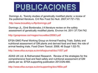 Domingo JL. Toxicity studies of genetically modified plants: a review of
the published literature. Crit Rev Food Sci Nutr. 2007;47:721-733.
http://www.biosafety.ru/ftp/domingo.pdf
Domingo JL, Giné Bordonaba J A literature review on the safety
assessment of genetically modified plants. Environ Int. 2011 37:734-742
http://gaiapresse.ca/images/nouvelles/28563.pdf
EFSA GMO Panel Working Group on Animal Feeding Trials. Safety and
nutritional assessment of GM plants and derived food and feed: the role of
animal feeding trials. Food Chem Toxicol. 2008; 46 Suppl 1:S2-70.
http://www.efsa.europa.eu/en/efsajournal/doc/1057.pdf
http://www.efsa.europa.eu/en/supporting/doc/480e.pdf
ADAS UK Ltd. & Rothamsted Research. Review of the strategies for the
comprehensive food and feed safety and nutritional assessment of GM
plants per se. EFSA supporting publication 2013:EN-480.
 