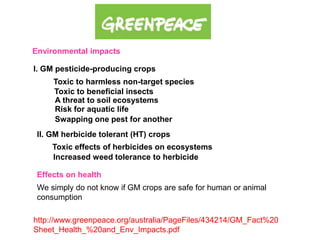 Environmental impacts
I. GM pesticide-producing crops
Toxic to harmless non-target species
Toxic to beneficial insects
A threat to soil ecosystems
Risk for aquatic life
Swapping one pest for another
II. GM herbicide tolerant (HT) crops
Toxic effects of herbicides on ecosystems
Increased weed tolerance to herbicide
Effects on health
We simply do not know if GM crops are safe for human or animal
consumption
http://www.greenpeace.org/australia/PageFiles/434214/GM_Fact%20
Sheet_Health_%20and_Env_Impacts.pdf
 