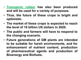 • Transgenic rubber has also been produced
and will be used for a variety of purposes.
• Thus, the future of these crops is bright and
optimistic.
• The market of these crops is expected to reach
the level of 10 billion US dollars in 2020.
• The public and farmers will have to respond to
the changing scenario.
• Future generations of GM plants are intended
to be suitable for harsh environments, and for
enhancement of nutrient content, production
of pharmaceutical agents and production of
Bioenergy and Biofuels.
 