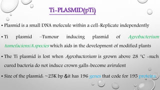 Ti-PLASMID(pTi)
• Plasmid is a small DNA molecule within a cell-Replicate independently
• Ti plasmid –Tumour inducing plas...