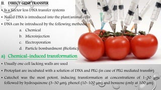 II. DIRECT GENE TRANSFER
• Is a Vector less DNA transfer systems
• Naked DNA is introduced into the plant/animal cells
• D...