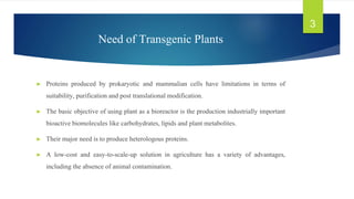 Need of Transgenic Plants
► Proteins produced by prokaryotic and mammalian cells have limitations in terms of
suitability, purification and post translational modification.
► The basic objective of using plant as a bioreactor is the production industrially important
bioactive biomolecules like carbohydrates, lipids and plant metabolites.
► Their major need is to produce heterologous proteins.
► A low-cost and easy-to-scale-up solution in agriculture has a variety of advantages,
including the absence of animal contamination.
3
 