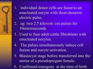 1. individual donor cells are fused to an
enucleated oocyte with short-duration
electric pulse.
2. eg: two 2.5 kilovolt /cm pulses for
10microseconds
3. Used to fuse adult cattle fibroblasts with
enucleated oocytes.
4. The pulses simultaneously induce cell
fusion and oocyte activation.
5. Blastocyst stage before transferred into the
uterus of a pseudopregant female.
6. Confirmed transgene at the time of birth
 