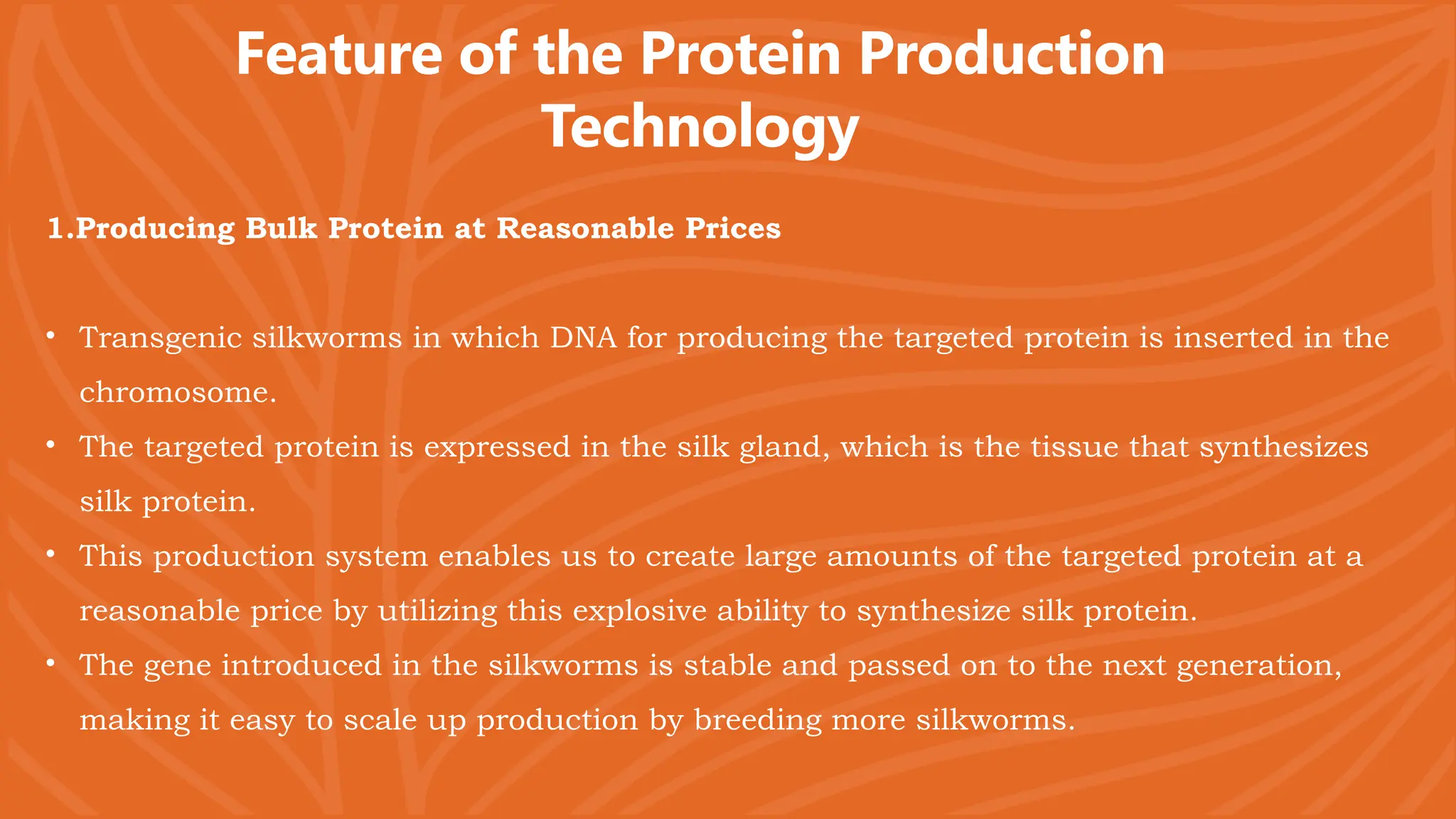 Feature of the Protein Production
Technology
1.Producing Bulk Protein at Reasonable Prices
• Transgenic silkworms in which DNA for producing the targeted protein is inserted in the
chromosome.
• The targeted protein is expressed in the silk gland, which is the tissue that synthesizes
silk protein.
• This production system enables us to create large amounts of the targeted protein at a
reasonable price by utilizing this explosive ability to synthesize silk protein.
• The gene introduced in the silkworms is stable and passed on to the next generation,
making it easy to scale up production by breeding more silkworms.
 