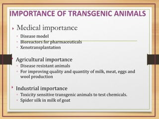  Medical importance
◦ Disease model
◦ Bioreactors for pharmaceuticals
◦ Xenotransplantation


Agricultural importance
◦ Disease resistant animals
◦ For improving quality and quantity of milk, meat, eggs and
wool production
Industrial importance
◦ Toxicity sensitive transgenic animals to test chemicals.
◦ Spider silk in milk of goat
 