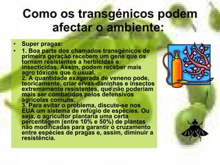 Como os transgénicos podem afectar o ambiente:   Super pragas: 1. Boa parte dos chamados transgénicos de primeira geração recebem um gene que os tornam resistentes a herbicidas e insecticidas. Assim, podem receber mais agro tóxicos que o usual. 2. A quantidade exagerada de veneno pode, teoricamente, criar ervas-daninhas e insectos extremamente resistentes, que não poderiam mais ser combatidos pelos defensivos agrícolas comuns. 3. Para evitar o problema, discute-se nos EUA um sistema de refúgio de espécies. Ou seja, o agricultor plantaria uma certa percentagem (entre 10% e 50%) de plantas não modificadas para garantir o cruzamento entre espécies de pragas e, assim, diminuir a resistência. 
