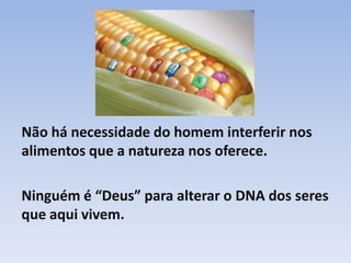 Não há necessidade do homem interferir nos
alimentos que a natureza nos oferece.
Ninguém é “Deus” para alterar o DNA dos seres
que aqui vivem.
 
