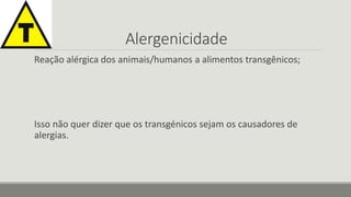 Alergenicidade 
Reação alérgica dos animais/humanos a alimentos transgênicos; 
Isso não quer dizer que os transgénicos sejam os causadores de 
alergias. 
 