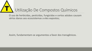Utilização De Compostos Químicos 
O uso de herbicidas, pesticidas, fungicidas e certos adubos causam 
sérios danos aos ecossistemas a eles expostos; 
Assim, fundamentam-se argumentos a favor dos transgênicos. 
 