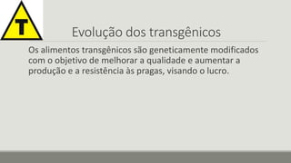 Evolução dos transgênicos 
Os alimentos transgênicos são geneticamente modificados 
com o objetivo de melhorar a qualidade e aumentar a 
produção e a resistência às pragas, visando o lucro. 
 