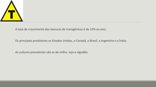 A taxa de crescimento das lavouras de transgênicos é de 13% ao ano; 
Os principais produtores os Estados Unidos, o Canadá, o Brasil, a Argentina e a Índia; 
As culturas prevalentes são as de milho, soja e algodão. 
 
