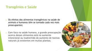 Transgênios e Saúde
 Os efeitos dos alimentos transgênicos na saúde de
animais e humanos têm se tornado cada vez mais
preocupantes;
 Com foco na saúde humana, a grande preocupação
acerca desses alimentos está no aumento
intencional ou inadvertido do aumento de toxinas
naturais já existentes em muitas plantas;
 