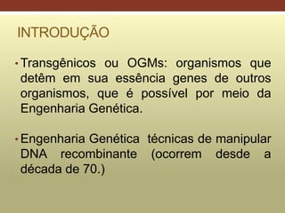 INTRODUÇÃO
• Transgênicos ou OGMs: organismos que
detêm em sua essência genes de outros
organismos, que é possível por meio da
Engenharia Genética.
• Engenharia Genética técnicas de manipular
DNA recombinante (ocorrem desde a
década de 70.)
 