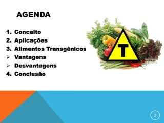 AGENDA

1. Conceito
2. Aplicações
3. Alimentos Transgênicos
 Vantagens
 Desvantagens
4. Conclusão




                            2
 