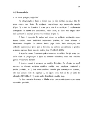 13
4.3. Retrogradação
4.3.1. Perfil geológico longitudinal
Na retrogradação as fáceis se tornam cada vez mais marinhas, ou seja, a linha de
costa avança para dentro do continente caracterizando uma transgressão marinha
(Figura 5). A taxa de deposição é menor que a taxa de acomodação. O empilhamento
estratigráfico irá refletir essa característica, sendo assim, as fáceis mais antigas serão
mais continentais e as mais jovens mais marinhas (Figura 6).
A base é composta do arcósio que ocorre em ambientes continentais como
leques aluviais. Esses sedimentos representam produtos de fontes próximas e
intensamente soerguidas. Os sistemas fluviais (leque aluvial, fluvial entrelaçado) são
ambientes deposicionais típicos para a deposição de arcósios, especialmente se granitos
e granitos-gnaisses forem expostos na área fonte (TUCKER, 2014).
A segunda camada é composta pelo acamamento heterolíltico do tipo wavy, que
assim como na progradação é ligada ao ambiente transicional, sendo uma estrutura
gerada pela corrente de maré.
A terceira camada é composta de calcário dolomítico. Os calcários em geral
ocorrem em diversos ambientes marinhos: marinho raso, plataforma continental e
recifes (SGARBI, 2012). Por serem calcários formados pela substituição da dolomita,
são mais comuns perto da superfície e, em alguns casos, trata-se de um efeito de
alteração (TUCKER, 2014), assim sendo, de ambiente marinho raso.
Por fim, a camada do topo é o folhelho negro caracterizado anteriormente como
de marinho profundo.
 