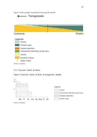 14
Figura 5: Perfil geológico longitudinal de transgressão marinha.
Fonte: os autores
4.3.2. Sucessão vertical das fácies
Figura 6: Sucessão vertical de fácies de transgressão marinha.
Fonte: os autores.
 
