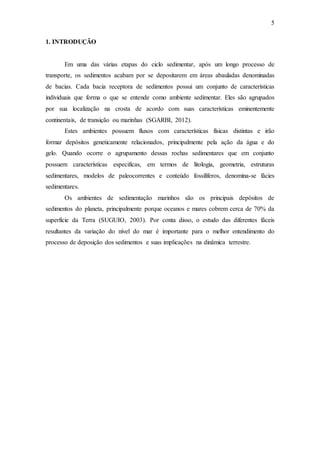 5
1. INTRODUÇÃO
Em uma das várias etapas do ciclo sedimentar, após um longo processo de
transporte, os sedimentos acabam por se depositarem em áreas abauladas denominadas
de bacias. Cada bacia receptora de sedimentos possui um conjunto de características
individuais que forma o que se entende como ambiente sedimentar. Eles são agrupados
por sua localização na crosta de acordo com suas características eminentemente
continentais, de transição ou marinhas (SGARBI, 2012).
Estes ambientes possuem fluxos com características físicas distintas e irão
formar depósitos geneticamente relacionados, principalmente pela ação da água e do
gelo. Quando ocorre o agrupamento dessas rochas sedimentares que em conjunto
possuem características especificas, em termos de litologia, geometria, estruturas
sedimentares, modelos de paleocorrentes e conteúdo fossilíferos, denomina-se fácies
sedimentares.
Os ambientes de sedimentação marinhos são os principais depósitos de
sedimentos do planeta, principalmente porque oceanos e mares cobrem cerca de 70% da
superfície da Terra (SUGUIO, 2003). Por conta disso, o estudo das diferentes fáceis
resultantes da variação do nível do mar é importante para o melhor entendimento do
processo de deposição dos sedimentos e suas implicações na dinâmica terrestre.
 