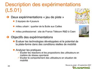 Description des expérimentations (L5.01) Deux expérimentations « jeu de piste » 2 équipes de 4 joueurs milieu urbain : quartier de la Butte aux Cailles milieu professionnel : site de France Télécom R&D à Caen Objectifs des expérimentations Evaluer les technologies développées et le potentiel de la plate-forme dans des conditions réelles de mobilité Analyser les pratiques  Etudier les réactions et les propositions des utilisateurs en matière de réseau spontané Etudier le comportement des utilisateurs en situation de mobilité  